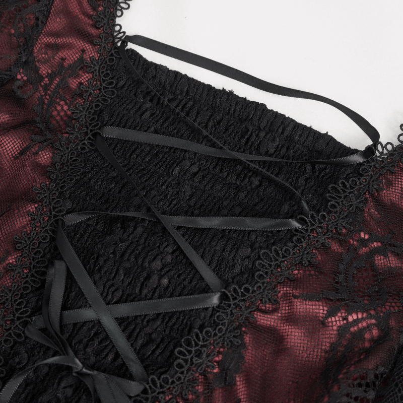 Vintage Women's Lace Long Sleeves Party Dress / Sexy Black and Wine Red Deep V-neck Dress - image 14