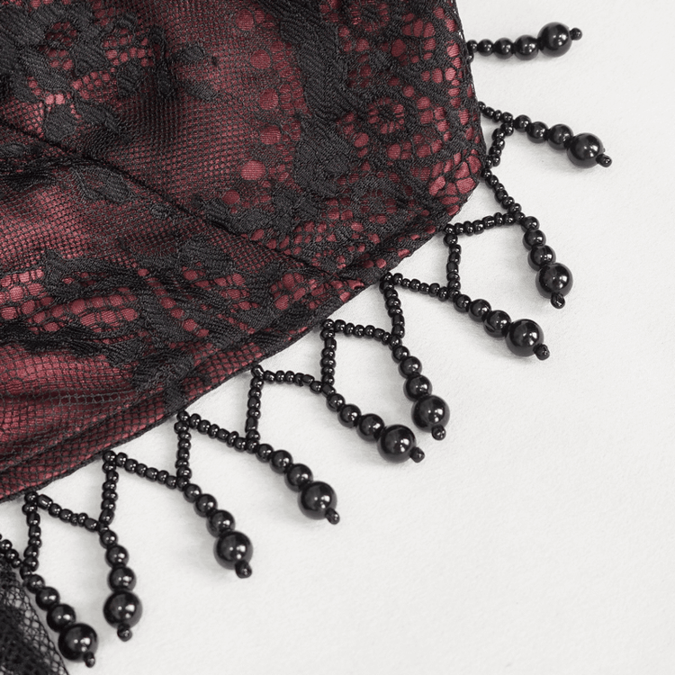 Vintage Women's Lace Long Sleeves Party Dress / Sexy Black and Wine Red Deep V-neck Dress - image 15