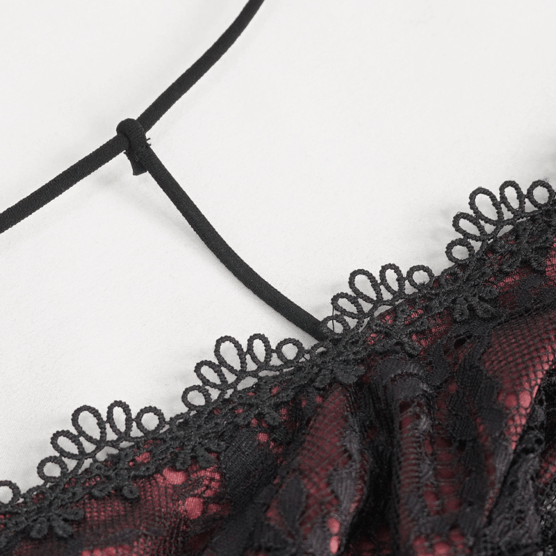 Vintage Women's Lace Long Sleeves Party Dress / Sexy Black and Wine Red Deep V-neck Dress - image 16