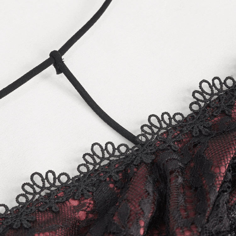 Vintage Women's Lace Long Sleeves Party Dress / Sexy Black and Wine Red Deep V-neck Dress - image 16