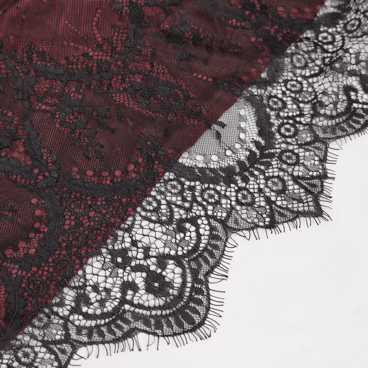 Vintage Women's Lace Long Sleeves Party Dress / Sexy Black and Wine Red Deep V-neck Dress - image 17