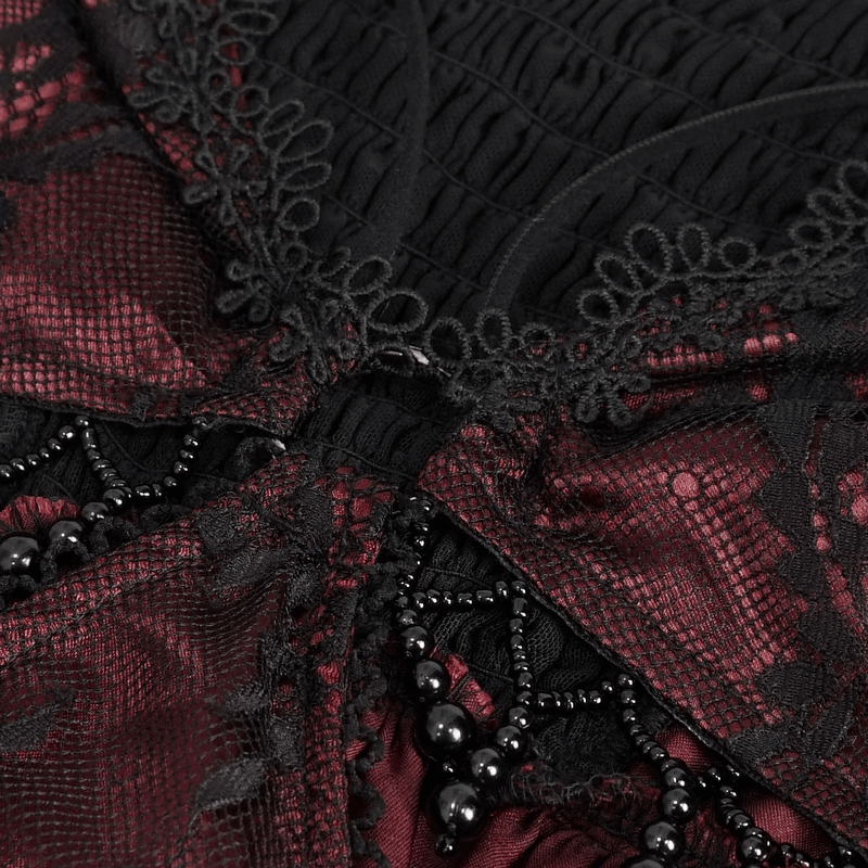 Vintage Women's Lace Long Sleeves Party Dress / Sexy Black and Wine Red Deep V-neck Dress - image 18