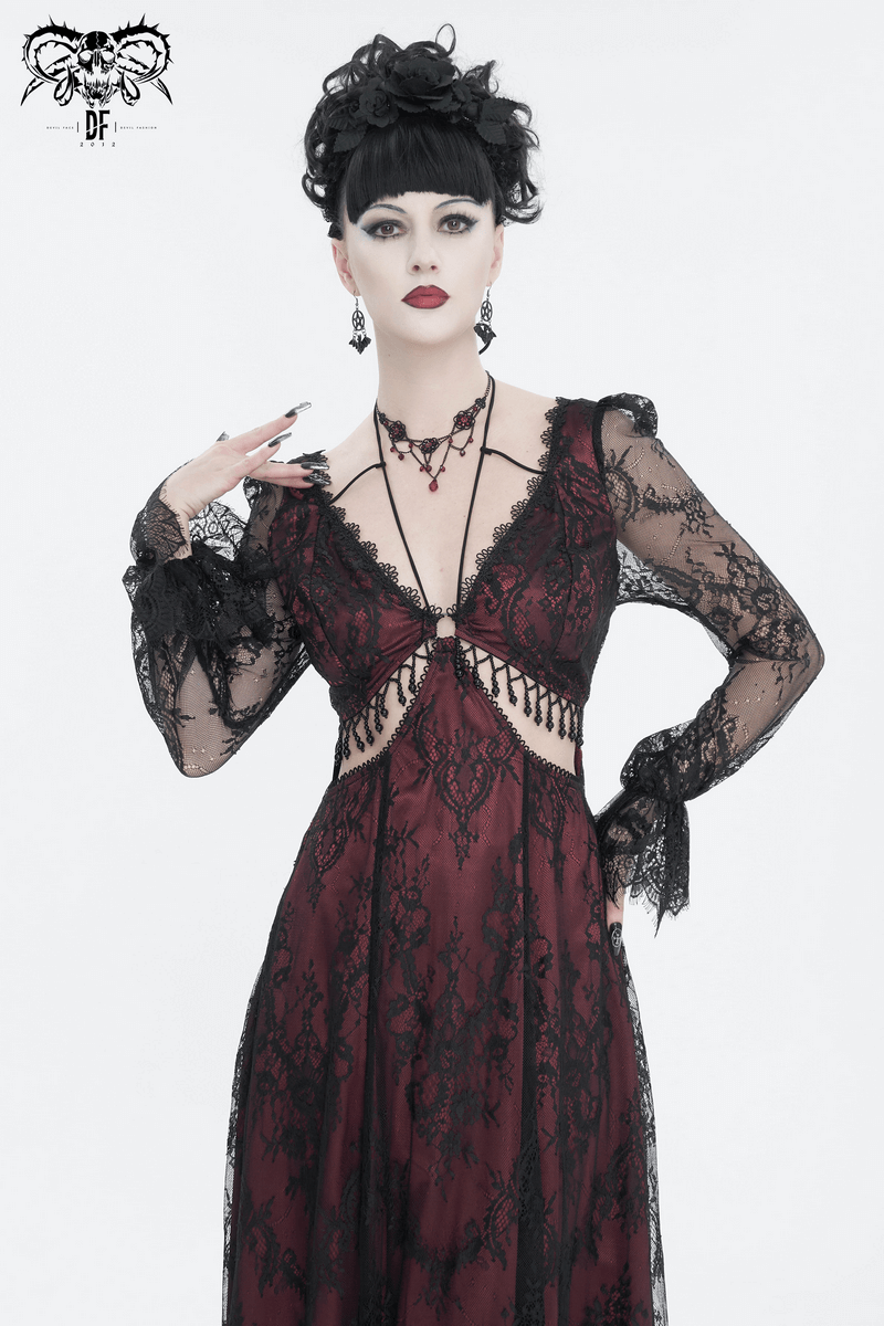 Vintage Women's Lace Long Sleeves Party Dress / Sexy Black and Wine Red Deep V-neck Dress - image 11