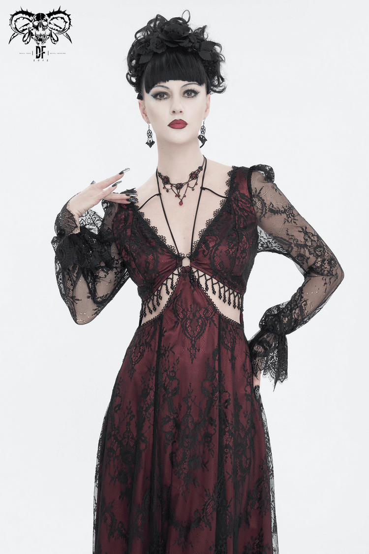 Vintage Women's Lace Long Sleeves Party Dress / Sexy Black and Wine Red Deep V-neck Dress - image 11