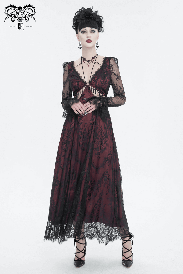 Vintage Women's Lace Long Sleeves Party Dress / Sexy Black and Wine Red Deep V-neck Dress - image 9