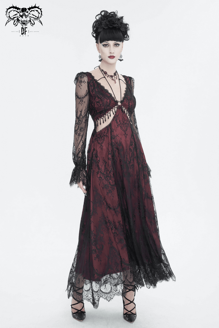 Vintage Women's Lace Long Sleeves Party Dress / Sexy Black and Wine Red Deep V-neck Dress - image 10