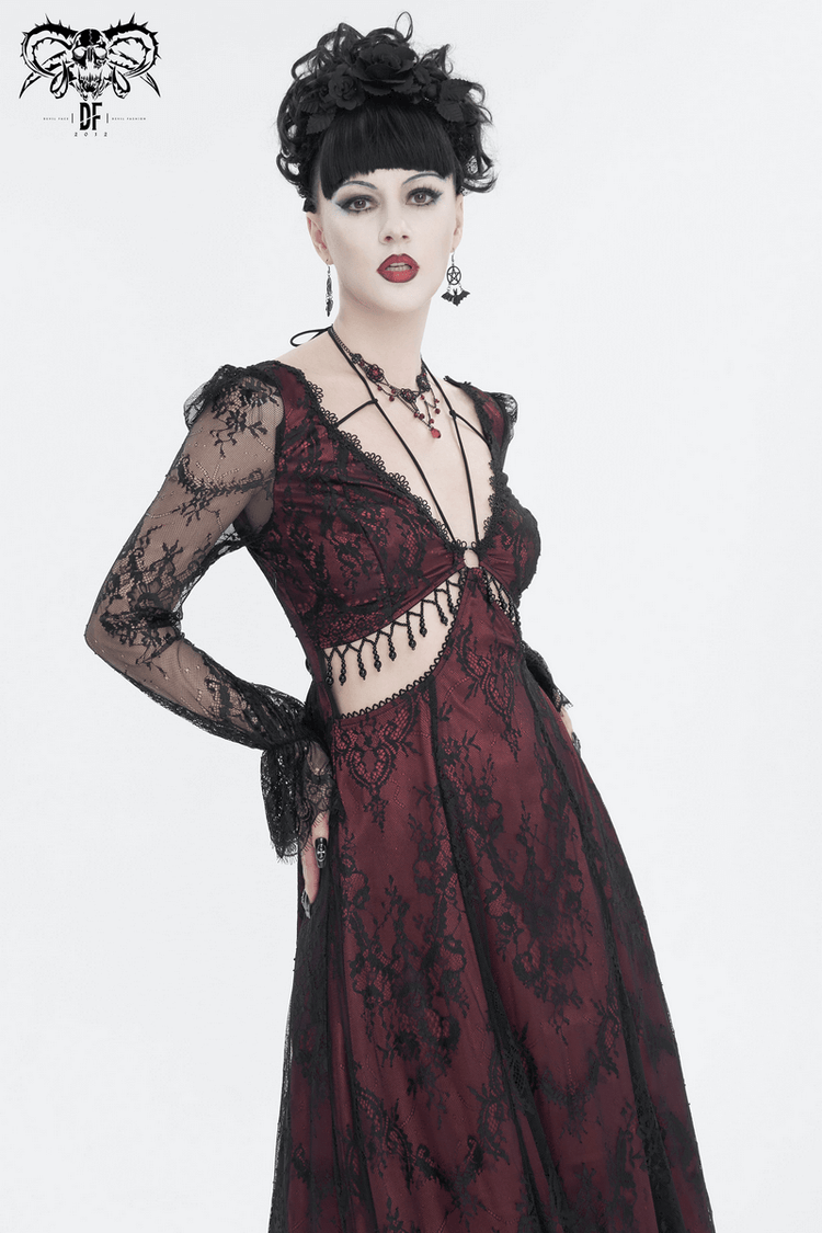 Vintage Women's Lace Long Sleeves Party Dress / Sexy Black and Wine Red Deep V-neck Dress - image 12