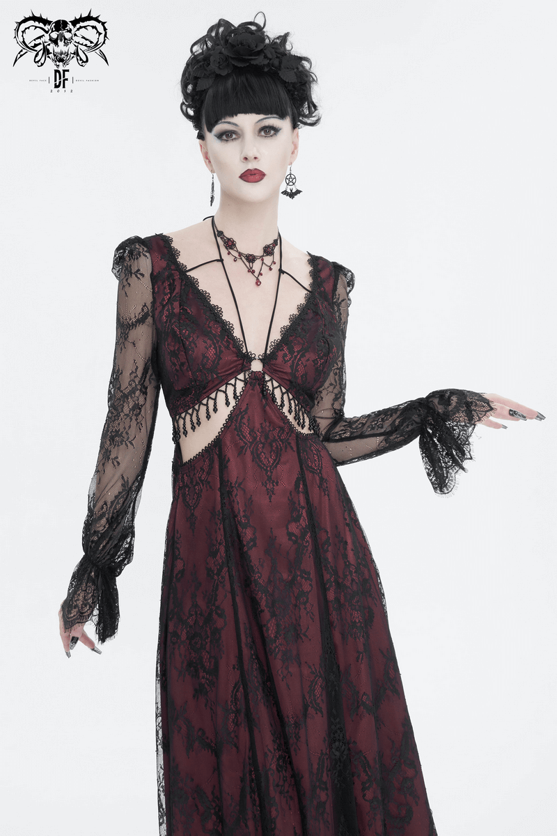 Vintage Women's Lace Long Sleeves Party Dress / Sexy Black and Wine Red Deep V-neck Dress - image 13