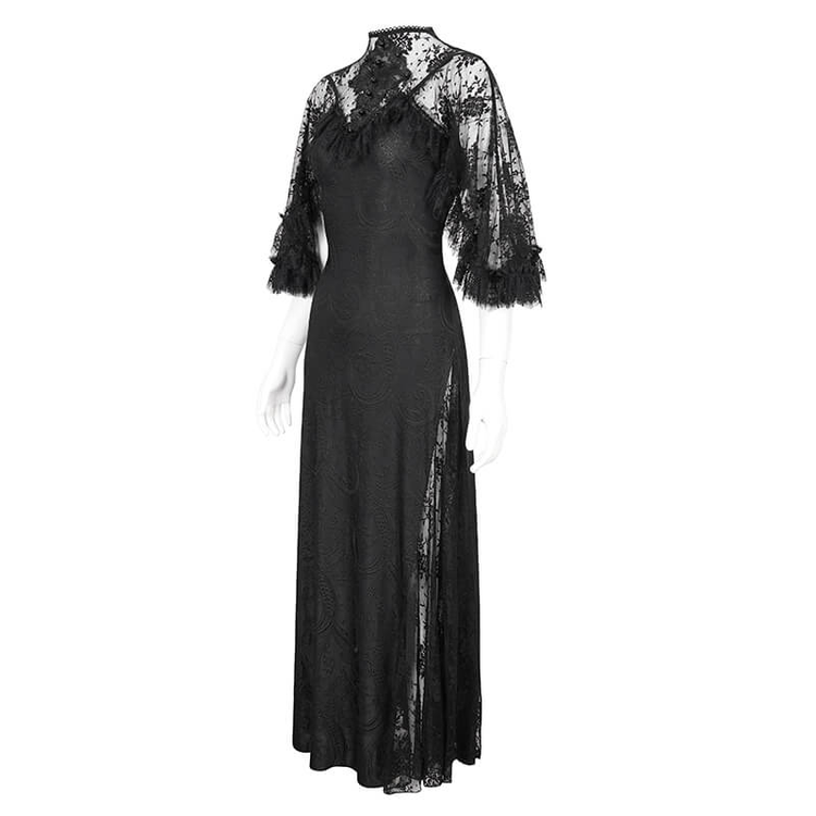 Vintage Women's Lace Slit Long Dress / Elegant Round Neck Dress with Lace Applique and Beading - image 4