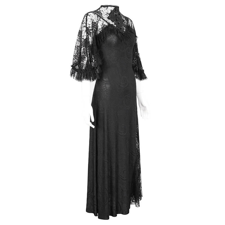 Vintage Women's Lace Slit Long Dress / Elegant Round Neck Dress with Lace Applique and Beading - image 5