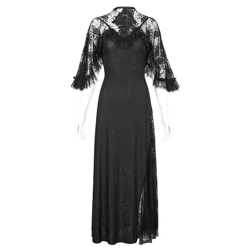 Vintage Women's Lace Slit Long Dress / Elegant Round Neck Dress with Lace Applique and Beading - image 3