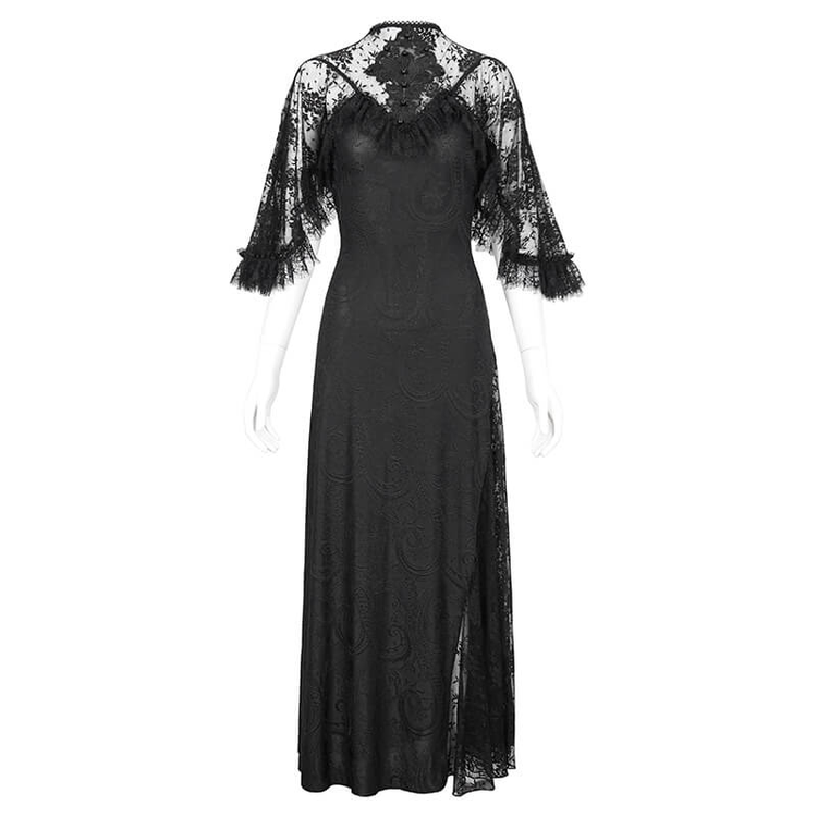 Vintage Women's Lace Slit Long Dress / Elegant Round Neck Dress with Lace Applique and Beading - image 3