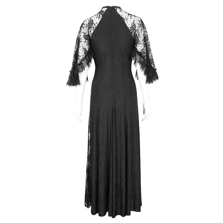 Vintage Women's Lace Slit Long Dress / Elegant Round Neck Dress with Lace Applique and Beading - image 6