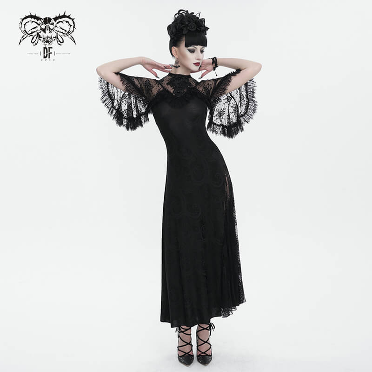 Vintage Women's Lace Slit Long Dress / Elegant Round Neck Dress with Lace Applique and Beading - image 8