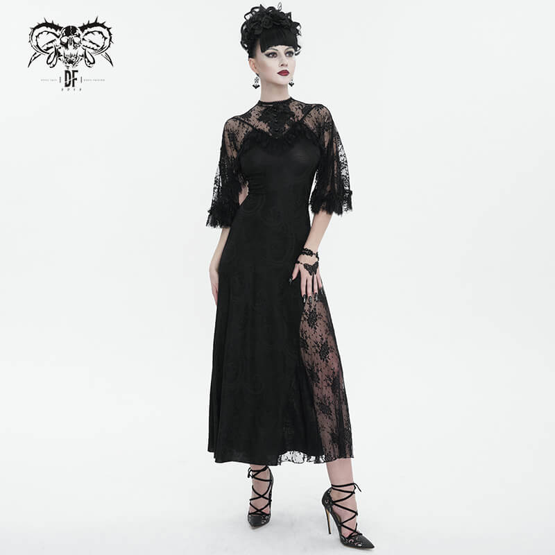 Vintage Women's Lace Slit Long Dress / Elegant Round Neck Dress with Lace Applique and Beading - image 9