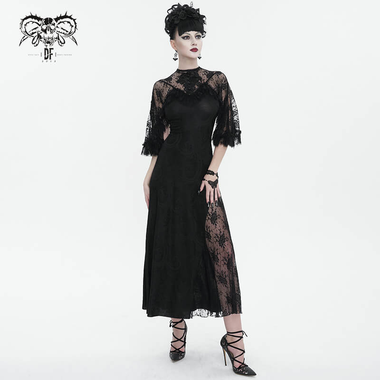 Vintage Women's Lace Slit Long Dress / Elegant Round Neck Dress with Lace Applique and Beading - image 9