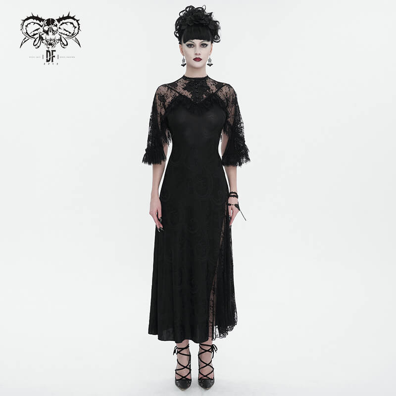 Vintage Women's Lace Slit Long Dress / Elegant Round Neck Dress with Lace Applique and Beading - image 7