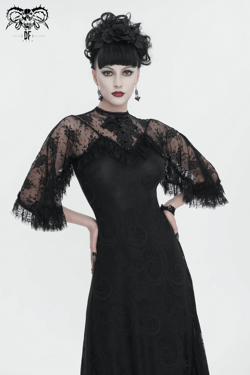 Vintage Women's Lace Slit Long Dress / Elegant Round Neck Dress with Lace Applique and Beading - image 13