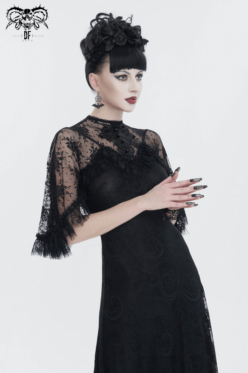 Vintage Women's Lace Slit Long Dress / Elegant Round Neck Dress with Lace Applique and Beading - image 14