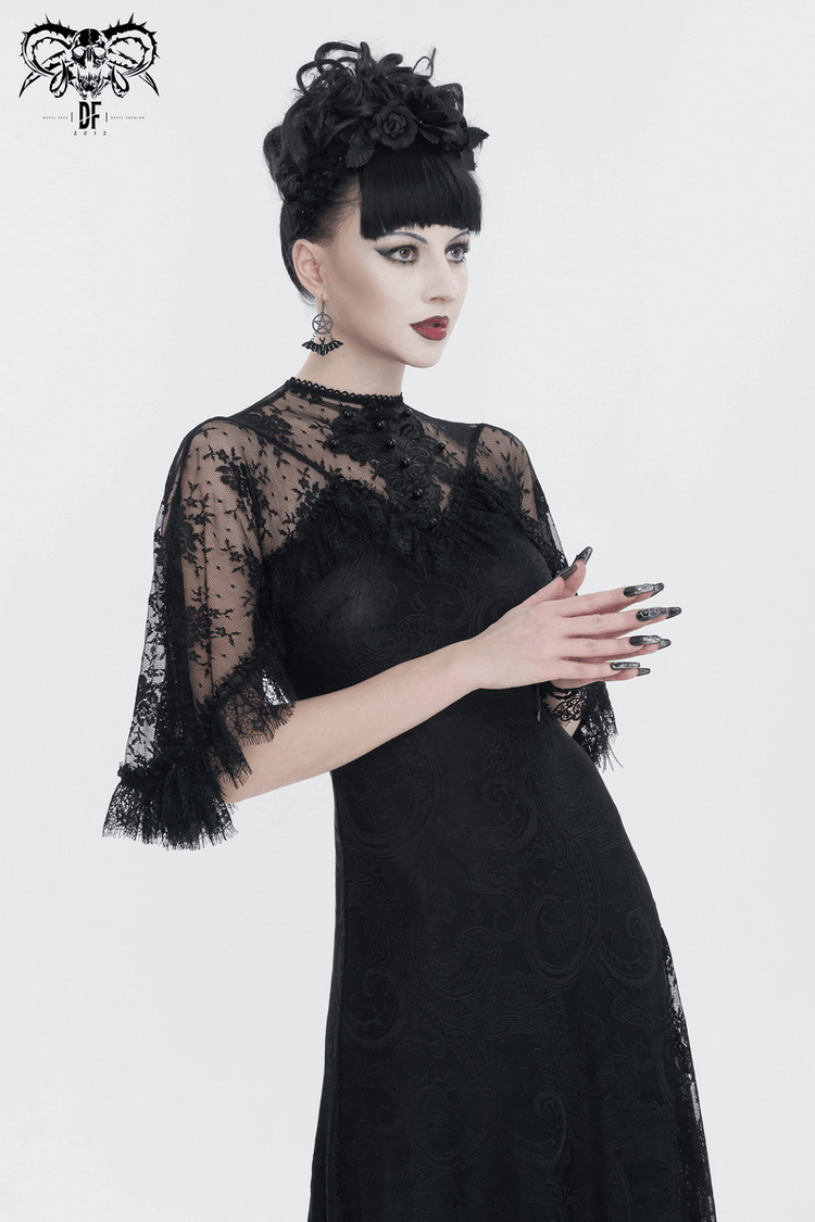 Vintage Women's Lace Slit Long Dress / Elegant Round Neck Dress with Lace Applique and Beading - image 14