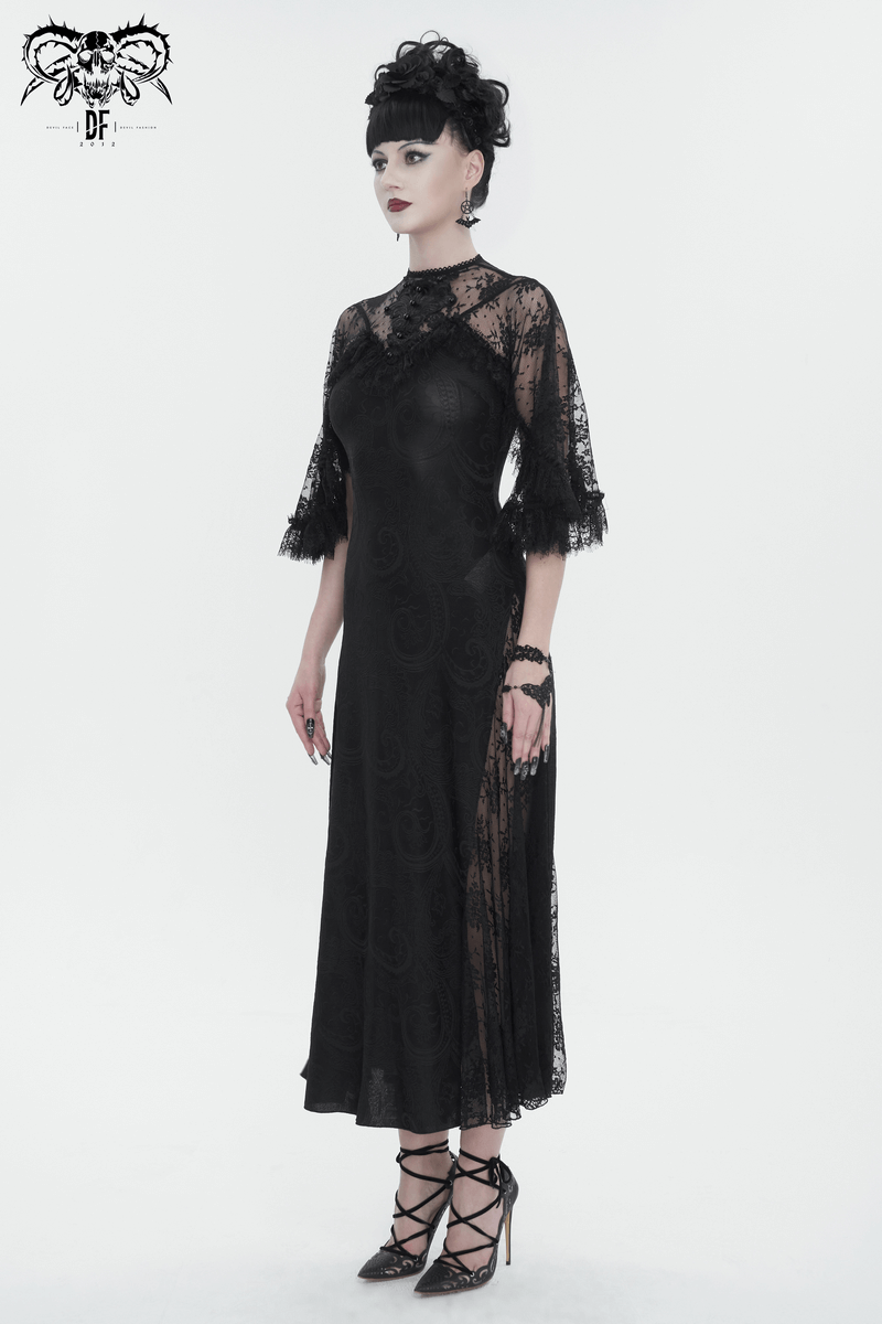 Vintage Women's Lace Slit Long Dress / Elegant Round Neck Dress with Lace Applique and Beading - image 10