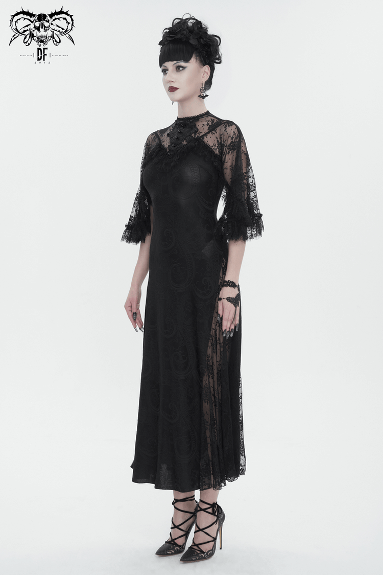 Vintage Women's Lace Slit Long Dress / Elegant Round Neck Dress with Lace Applique and Beading - image 10