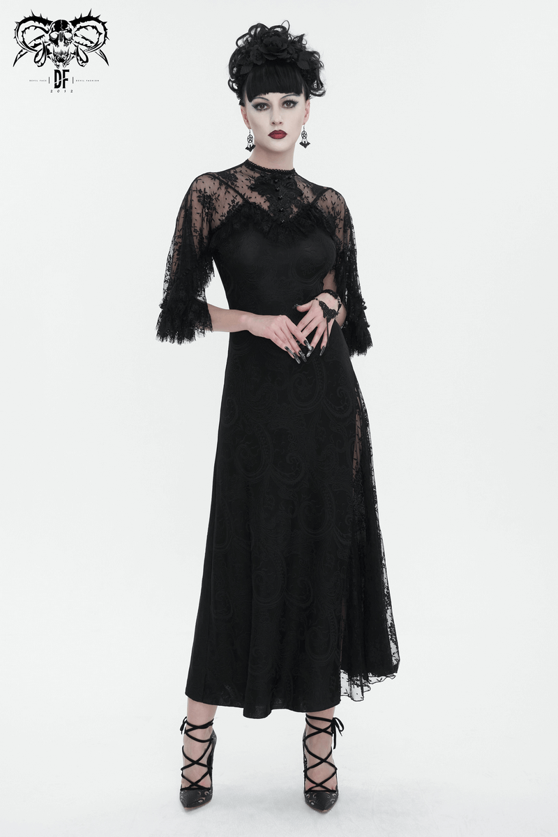 Vintage Women's Lace Slit Long Dress / Elegant Round Neck Dress with Lace Applique and Beading - image 11