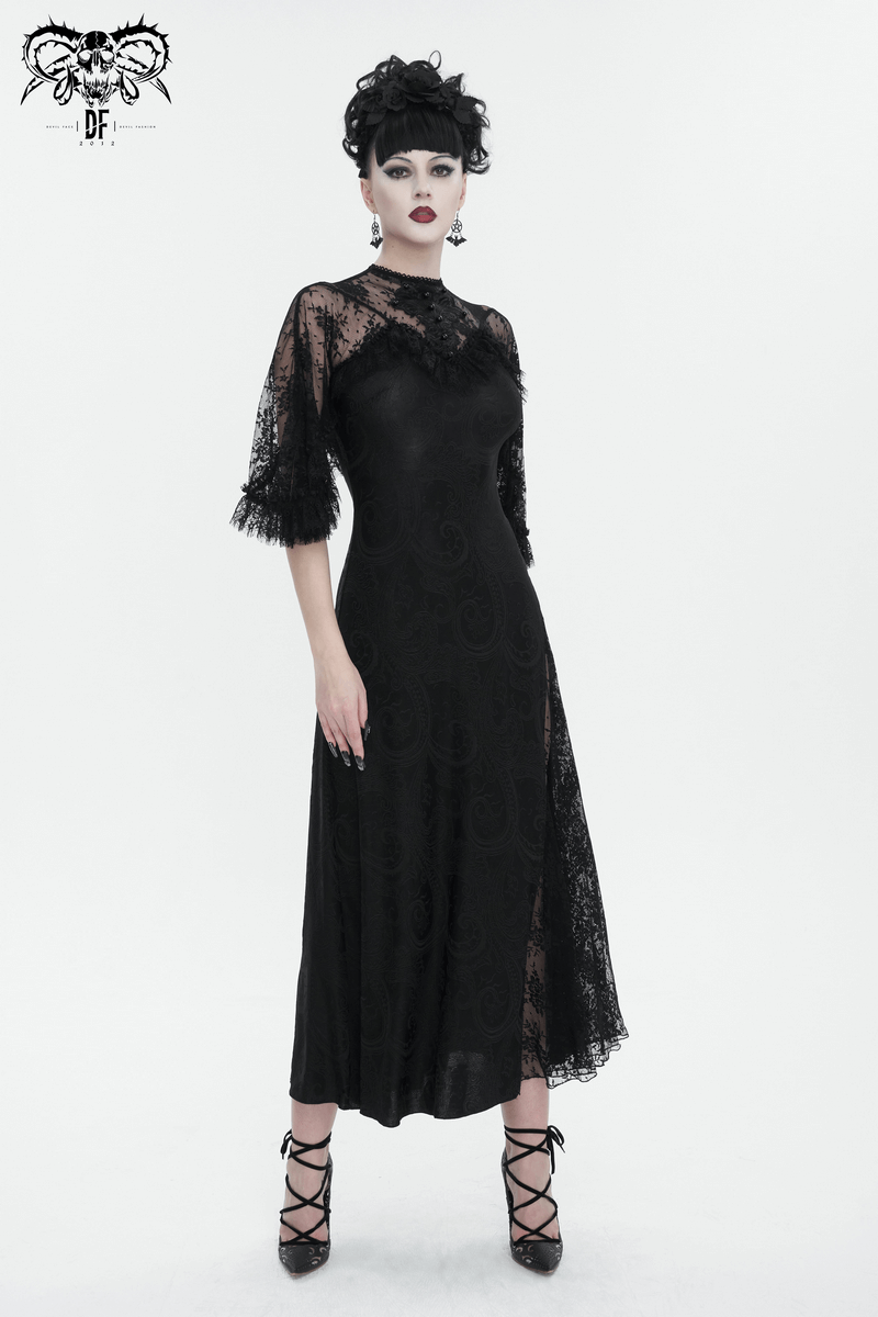 Vintage Women's Lace Slit Long Dress / Elegant Round Neck Dress with Lace Applique and Beading - image 12