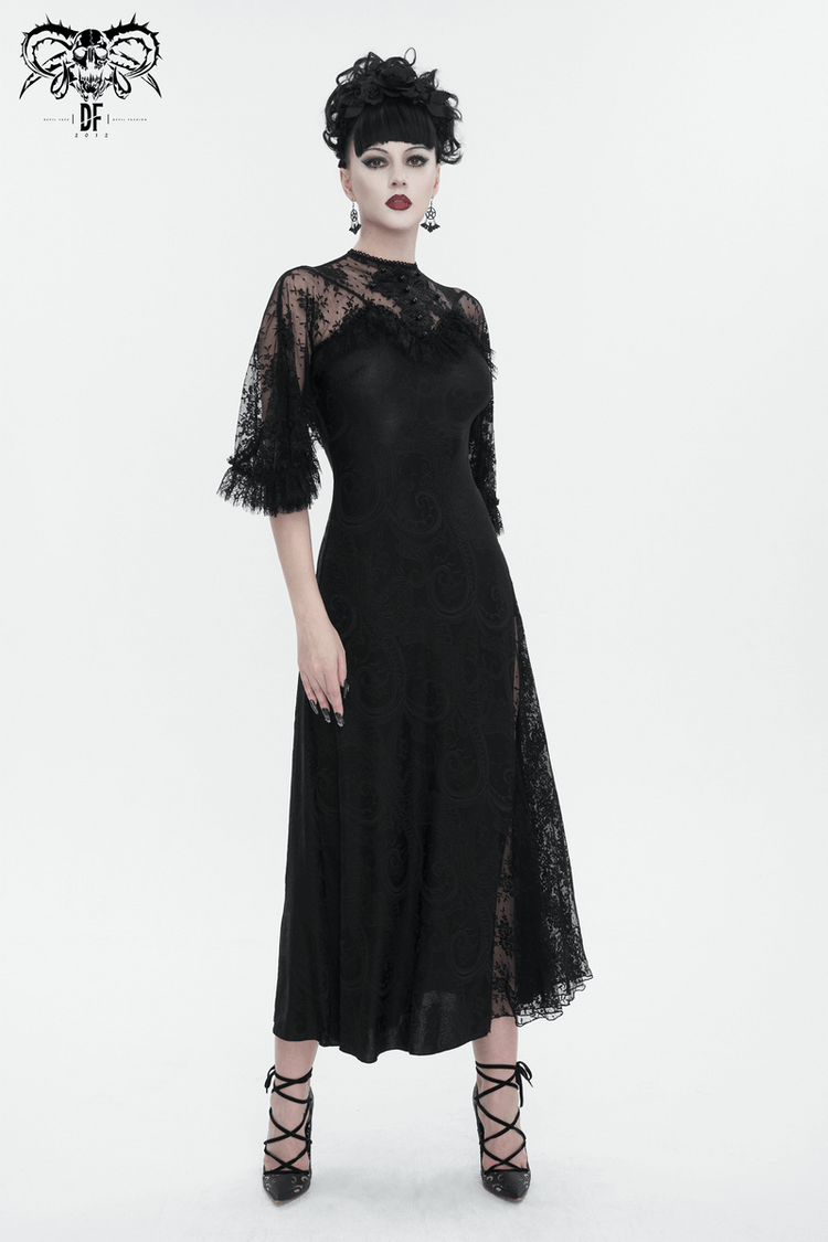 Vintage Women's Lace Slit Long Dress / Elegant Round Neck Dress with Lace Applique and Beading - image 12