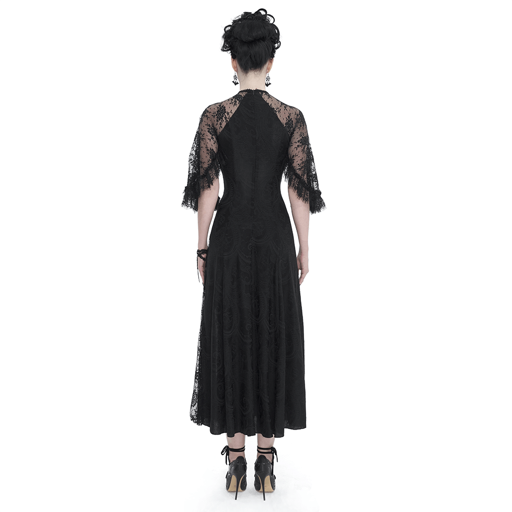 Vintage Women's Lace Slit Long Dress / Elegant Round Neck Dress with Lace Applique and Beading - image 2