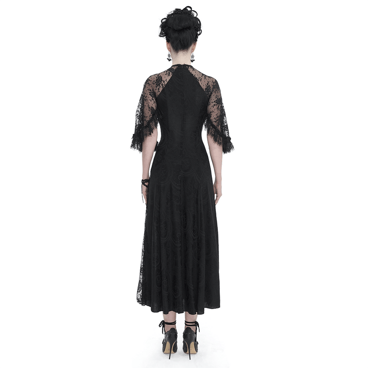 Vintage Women's Lace Slit Long Dress / Elegant Round Neck Dress with Lace Applique and Beading - image 2
