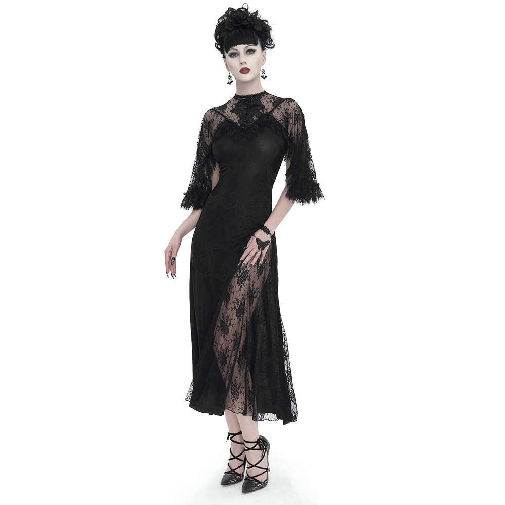Vintage Women's Lace Slit Long Dress / Elegant Round Neck Dress with Lace Applique and Beading - image 1