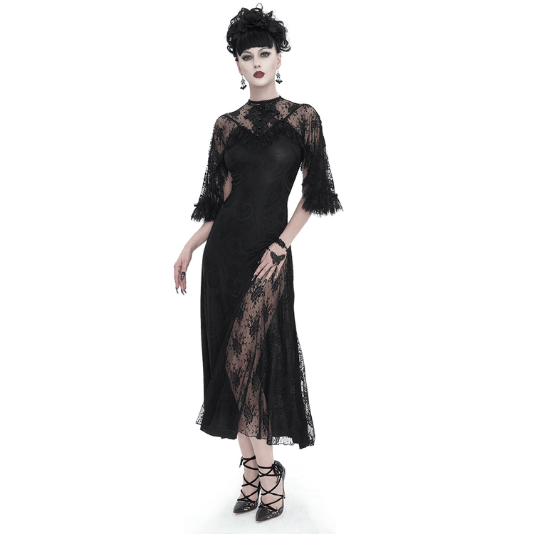 Vintage Women's Lace Slit Long Dress / Elegant Round Neck Dress with Lace Applique and Beading - image 1