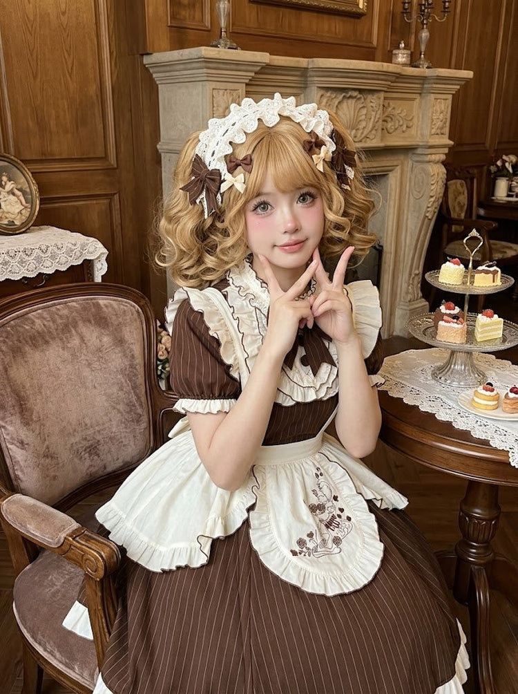 Brown Striped Lolita Dress with Apron and Bow - view 4