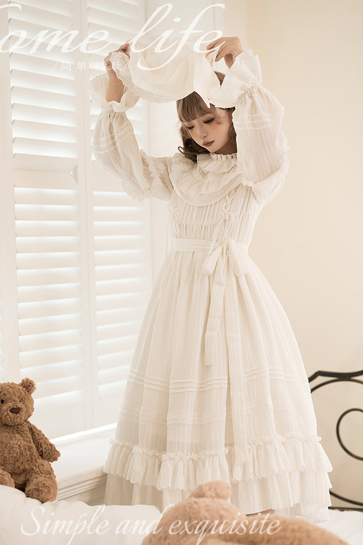 White [Good Night] Long Sleeves Double-Layered Ruffle Bowknot Lace-Up Holy Sweet Lolita Dress - image 5