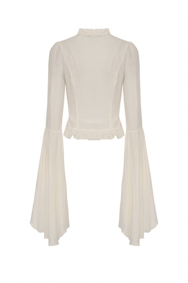 White V Collar Ruffled Long Trumpet Sleeves Women's Steampunk Blouse - image 12
