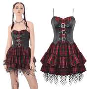 Wine Red Gothic Tartan Corset Mini Dress with Buckles - image 3