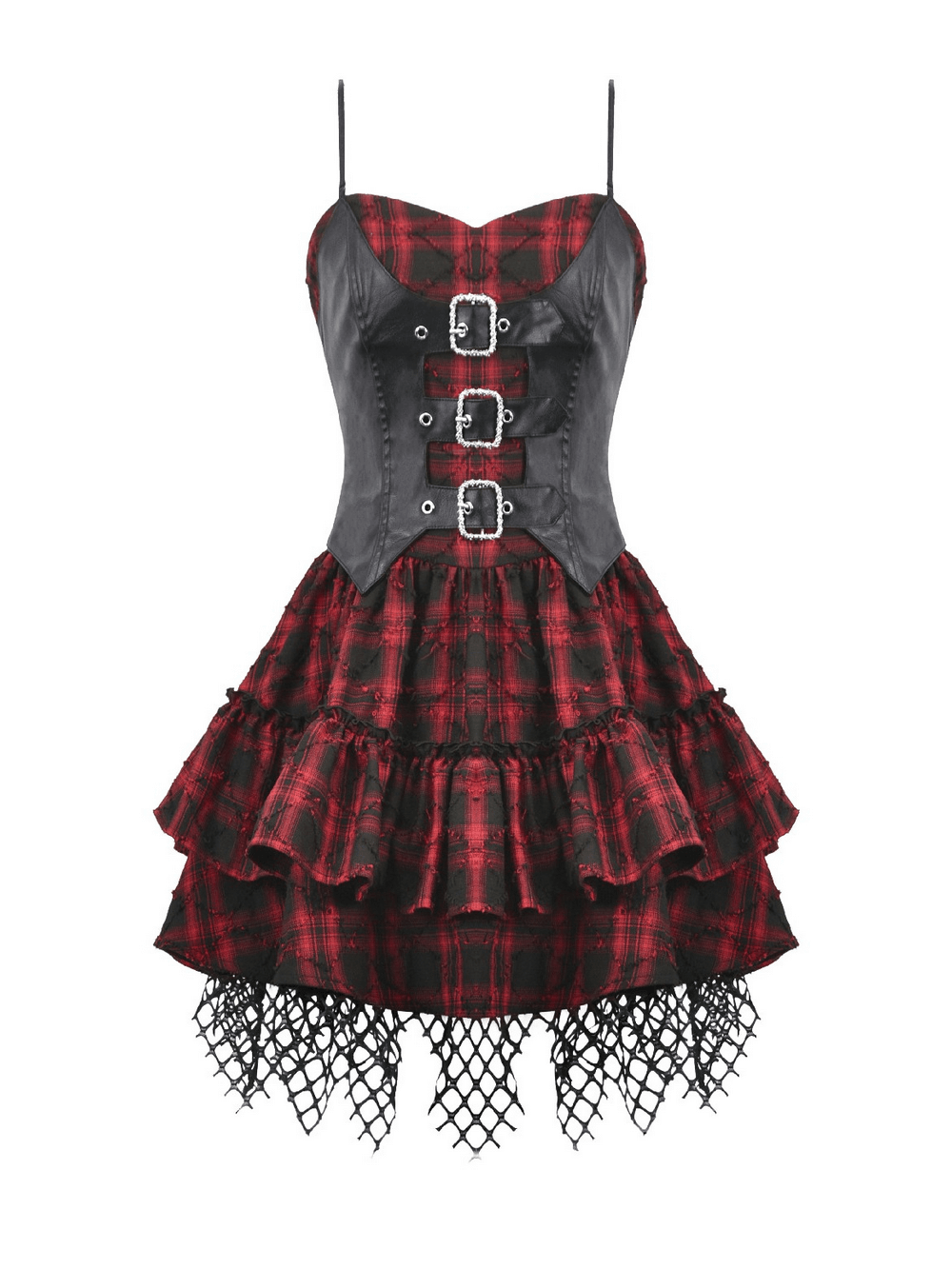 Wine Red Gothic Tartan Corset Mini Dress with Buckles - image 4