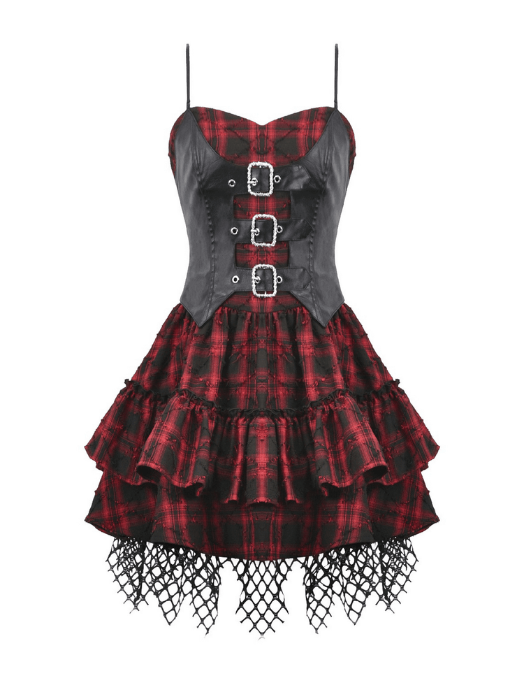 Wine Red Gothic Tartan Corset Mini Dress with Buckles - image 4