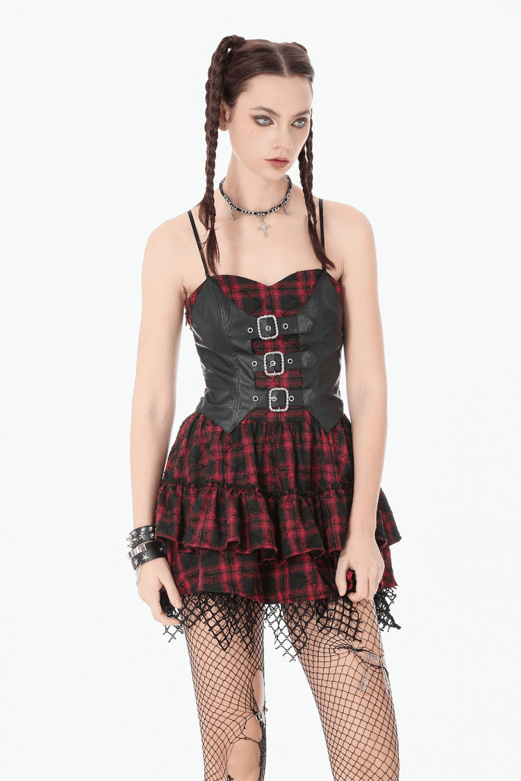 Wine Red Gothic Tartan Corset Mini Dress with Buckles - image 13
