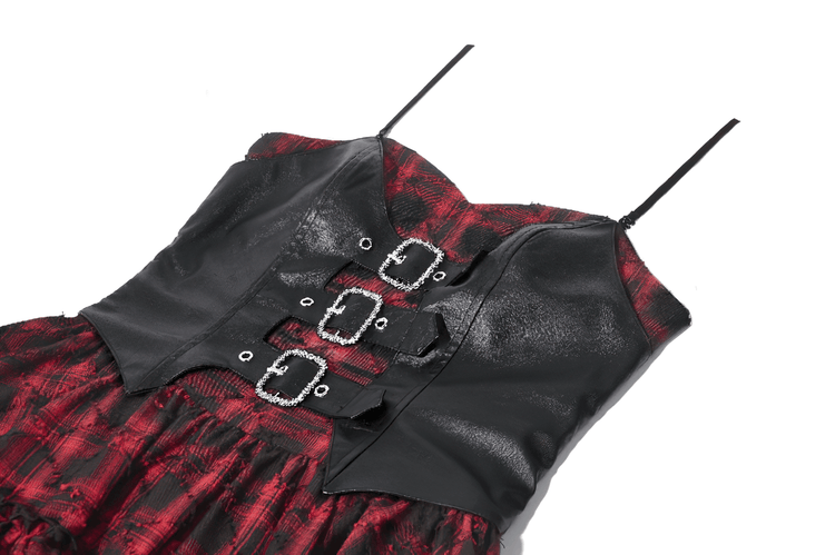 Wine Red Gothic Tartan Corset Mini Dress with Buckles - image 6