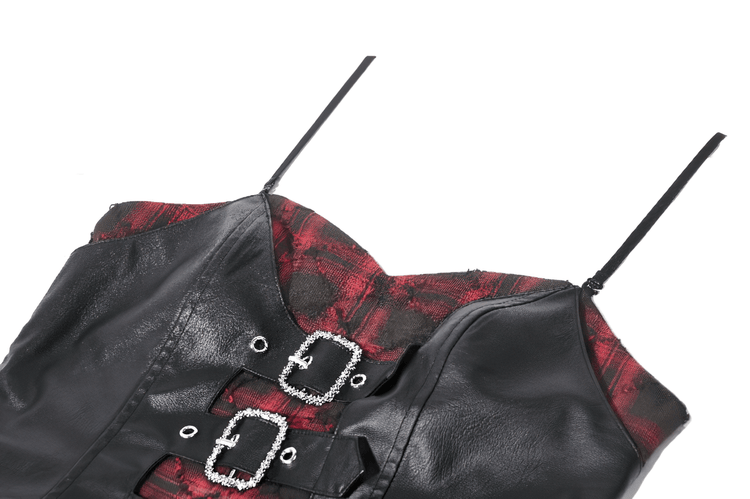 Wine Red Gothic Tartan Corset Mini Dress with Buckles - image 7