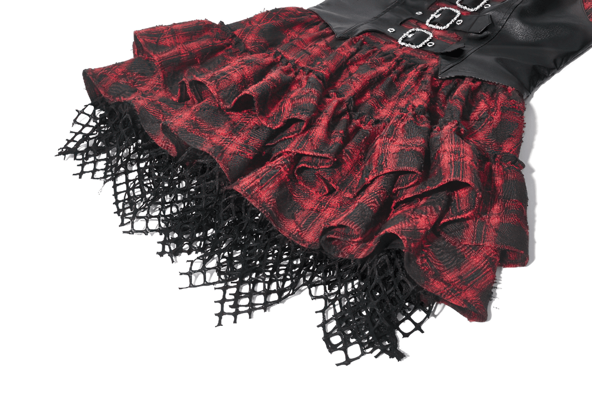 Wine Red Gothic Tartan Corset Mini Dress with Buckles - image 9