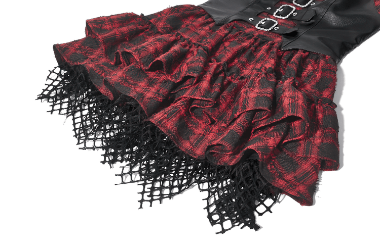 Wine Red Gothic Tartan Corset Mini Dress with Buckles - image 9