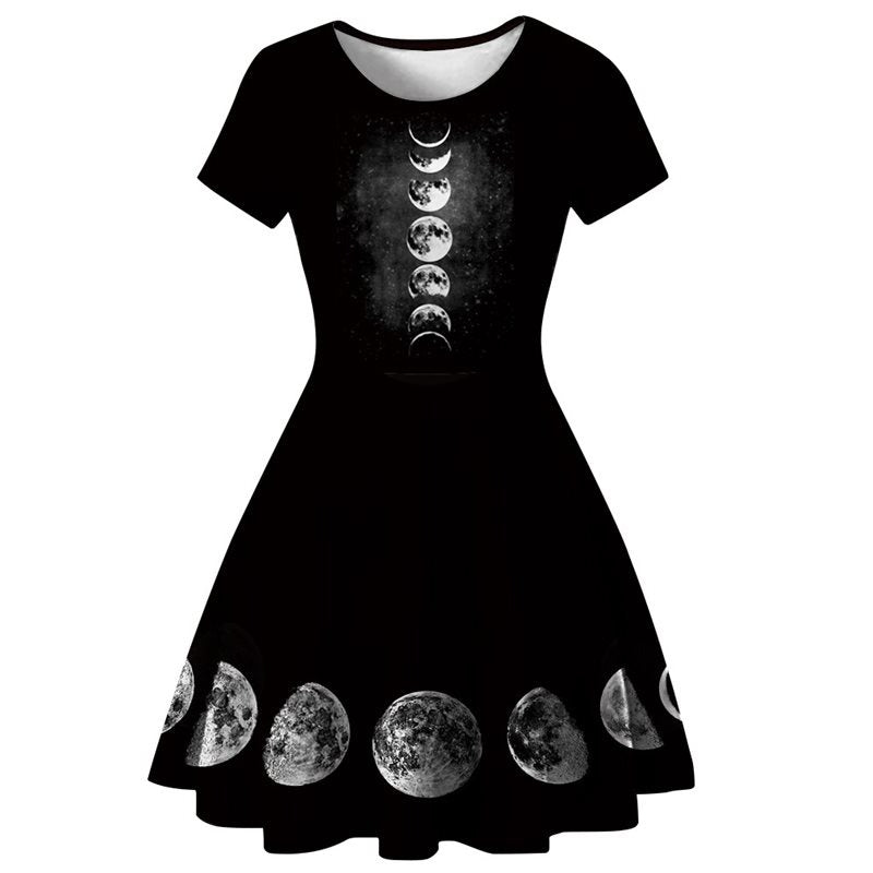 Women Black Gothic Dress with Moon Print / Dark Female Casual Dresses / Elegant Gothic Clothing - image 6