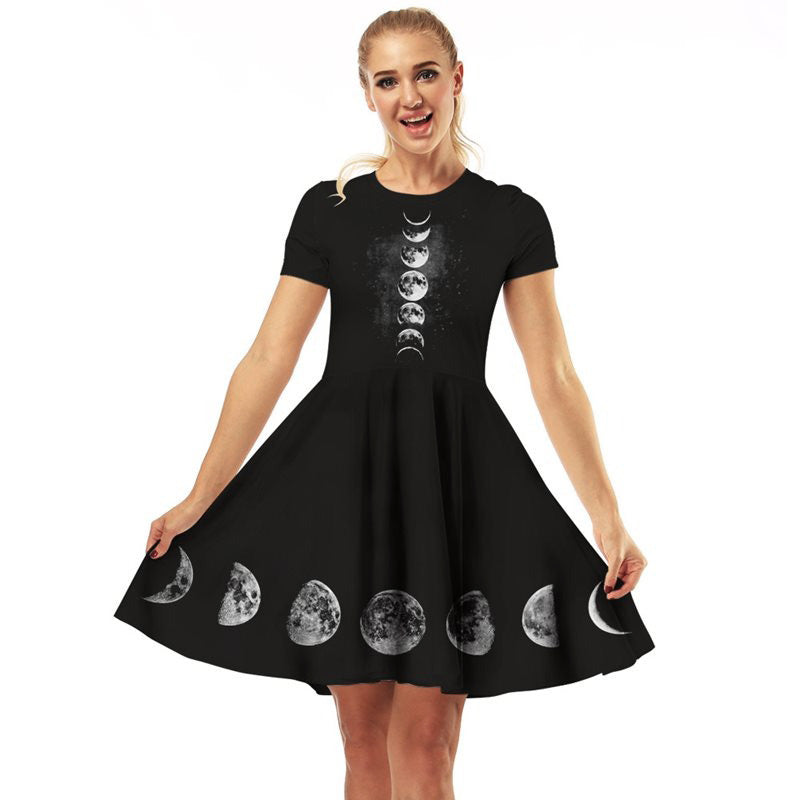 Women Black Gothic Dress with Moon Print / Dark Female Casual Dresses / Elegant Gothic Clothing - image 3