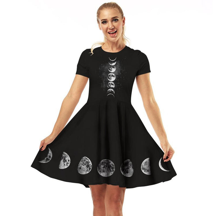 Women Black Gothic Dress with Moon Print / Dark Female Casual Dresses / Elegant Gothic Clothing - image 3