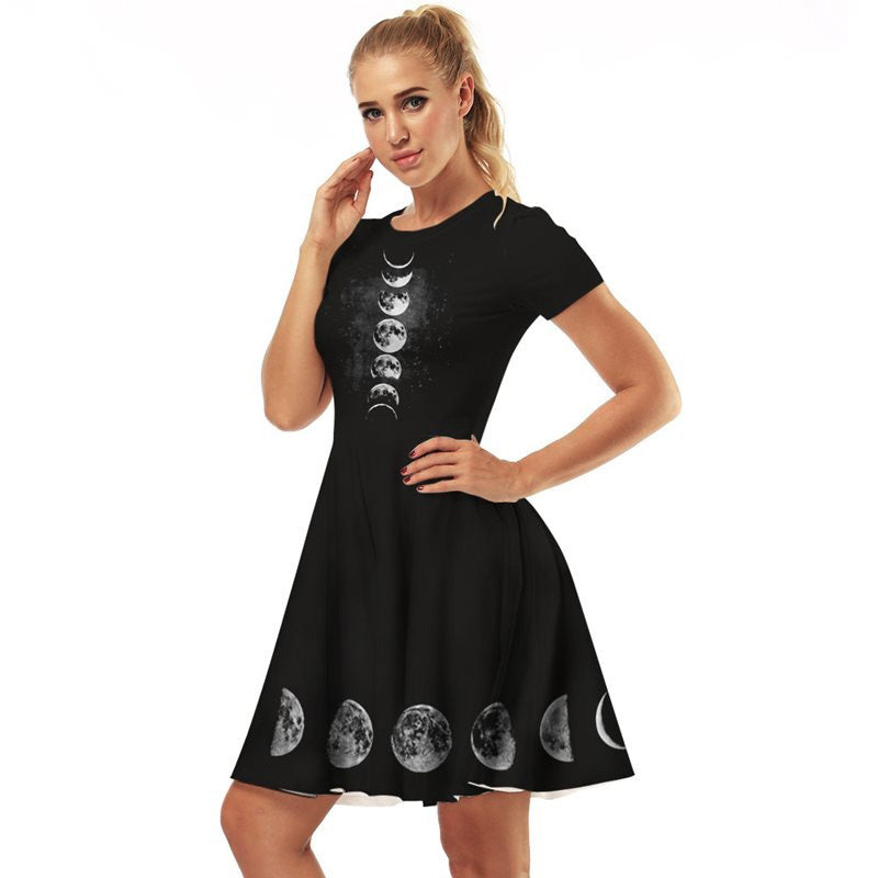 Women Black Gothic Dress with Moon Print / Dark Female Casual Dresses / Elegant Gothic Clothing - image 4