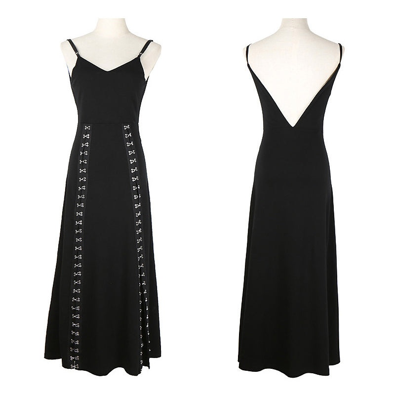 Women Black Vent Asymmetrical Long Spaghetti Strap Dress / Gothic Sleeveless Loose Fit Fashion Outfit - image 2