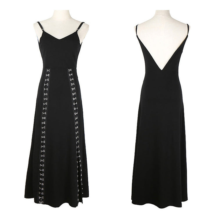 Women Black Vent Asymmetrical Long Spaghetti Strap Dress / Gothic Sleeveless Loose Fit Fashion Outfit - image 2